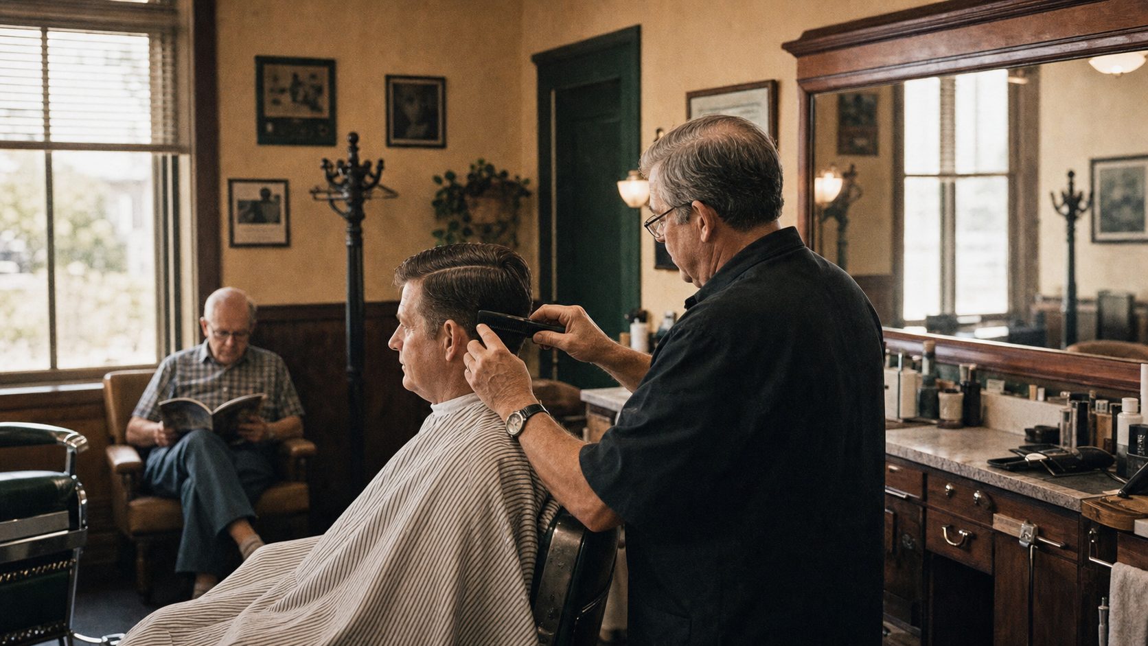 A barber mid-cut in a small neighbourhood barbershop, a customer waiting and reading.