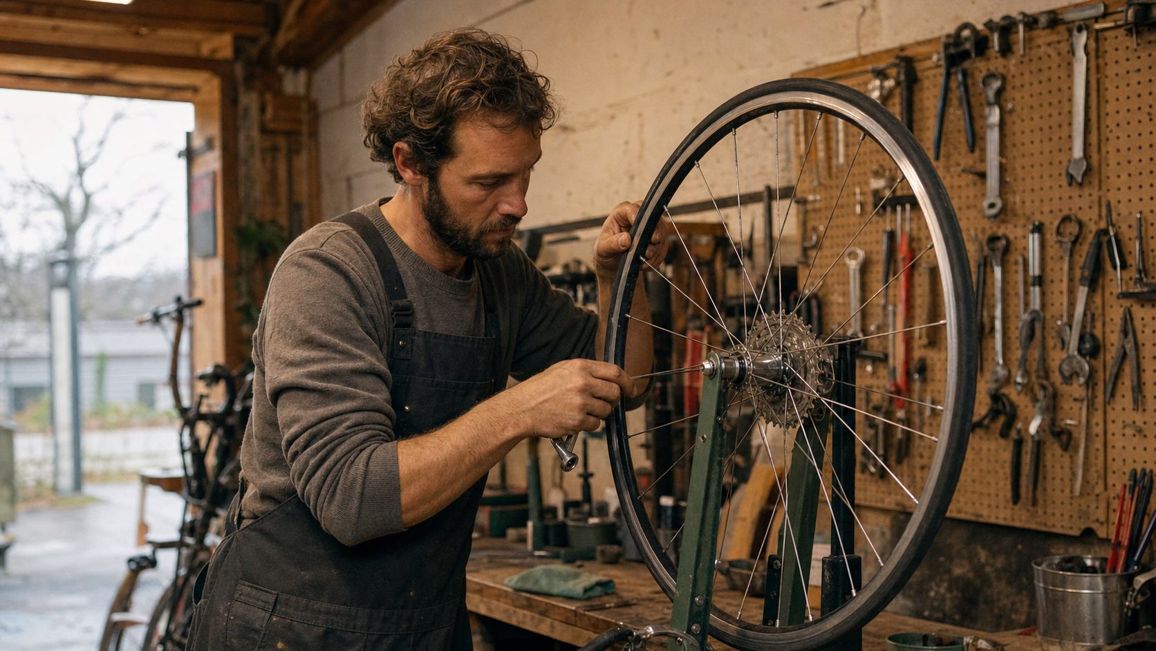 A mechanic tuning a bicycle wheel in a small neighbourhood bike shop.