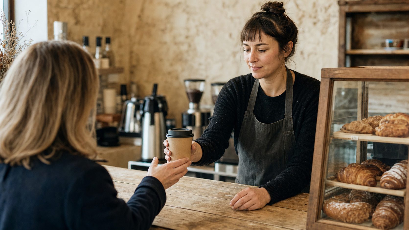 A barista handing a paper cup across a wooden café counter.