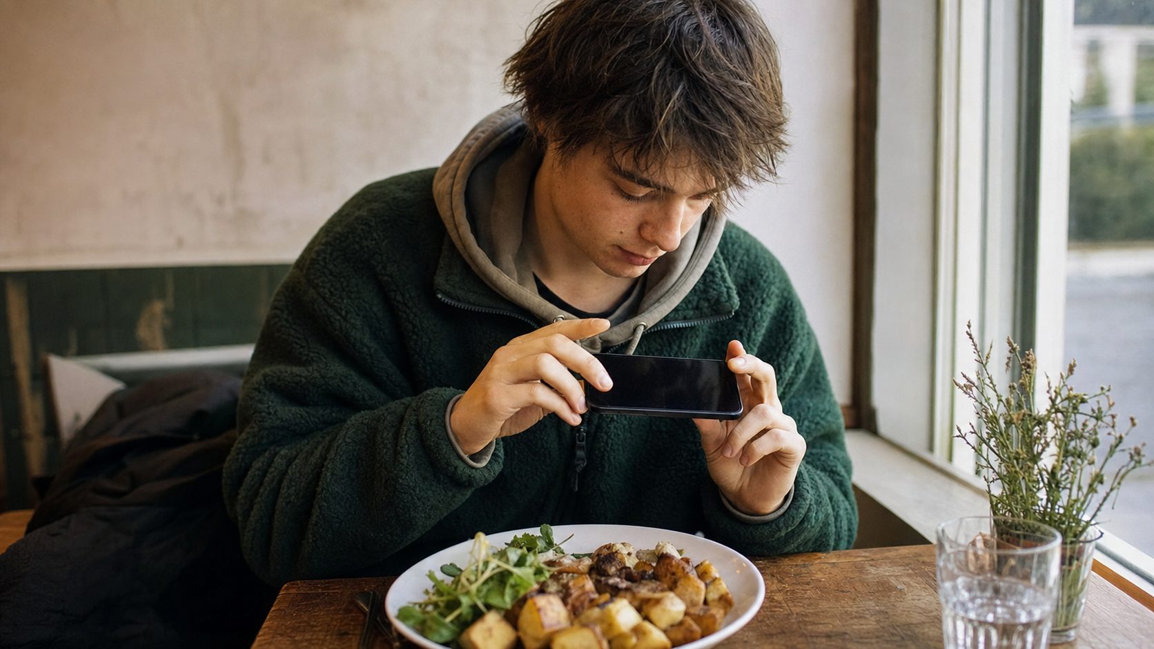 A young person casually filming a plate of food on a phone at a restaurant table.