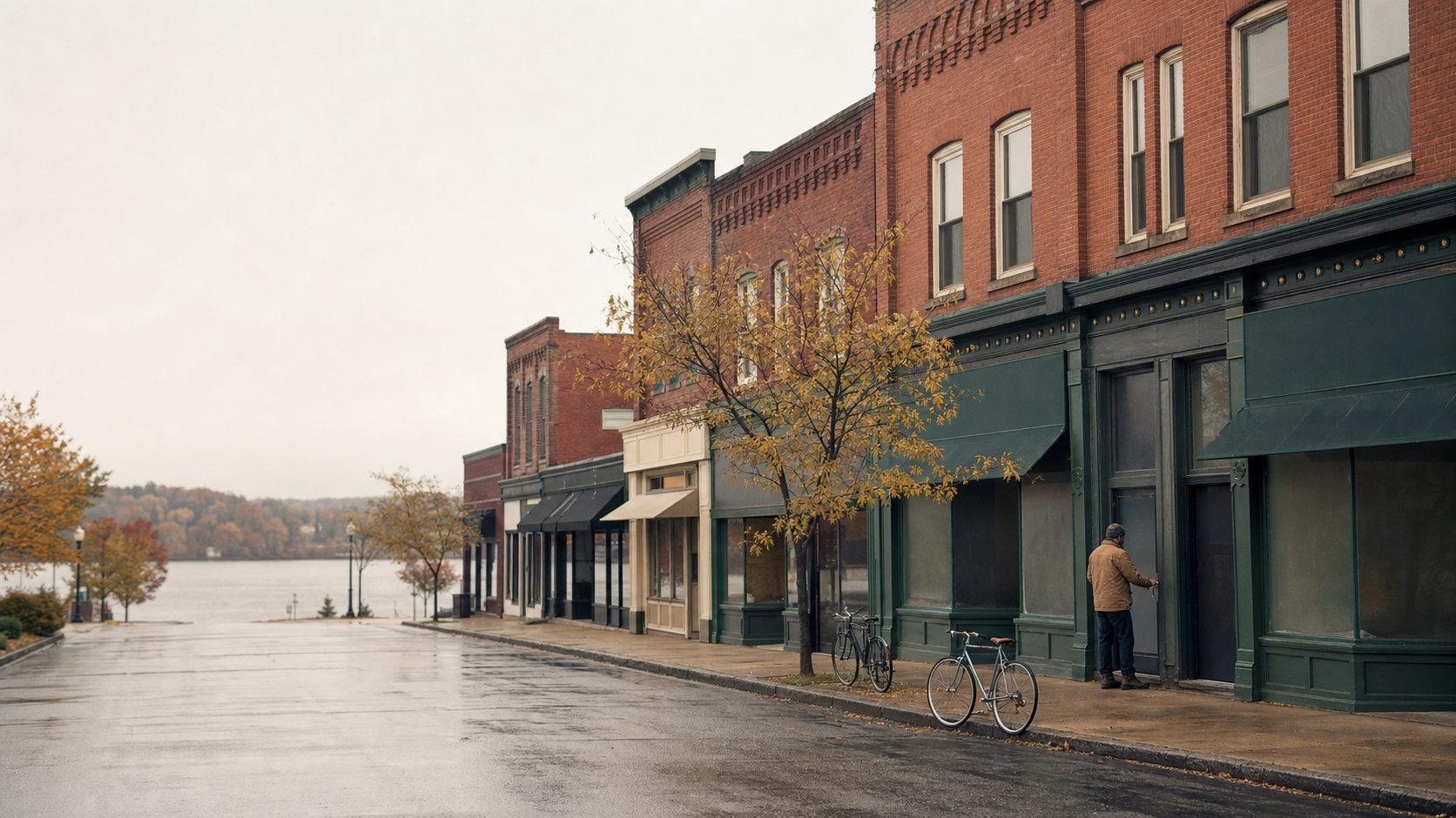 Early morning on a small Midwestern main street, a shopkeeper unlocking the door of a brick storefront.